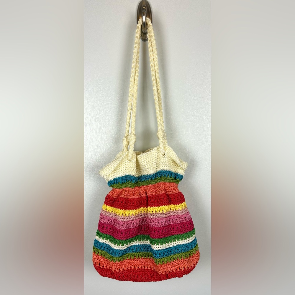 Lina Crochet Knit Bucket Bag Purse 90s Rainbow Striped Vintage Boho‎ Colorful